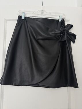 LOFT Black Faux Leather Wrap Mini Skirt with Side Bow Detail